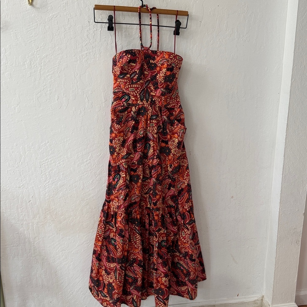 House of Harlow 1960 Revolve Paisley Cotton Halter Maxi Midi Dress Pockets XS - Picture 3 of 6